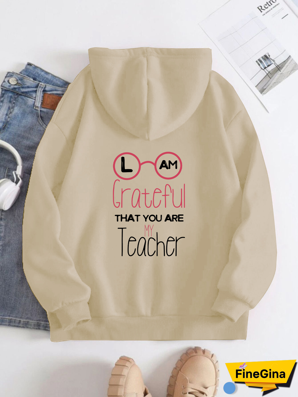 Printed on the Back Kangaroo Pocket Hoodie Long Sleeve for Women Pattern Teacher's Day greetings