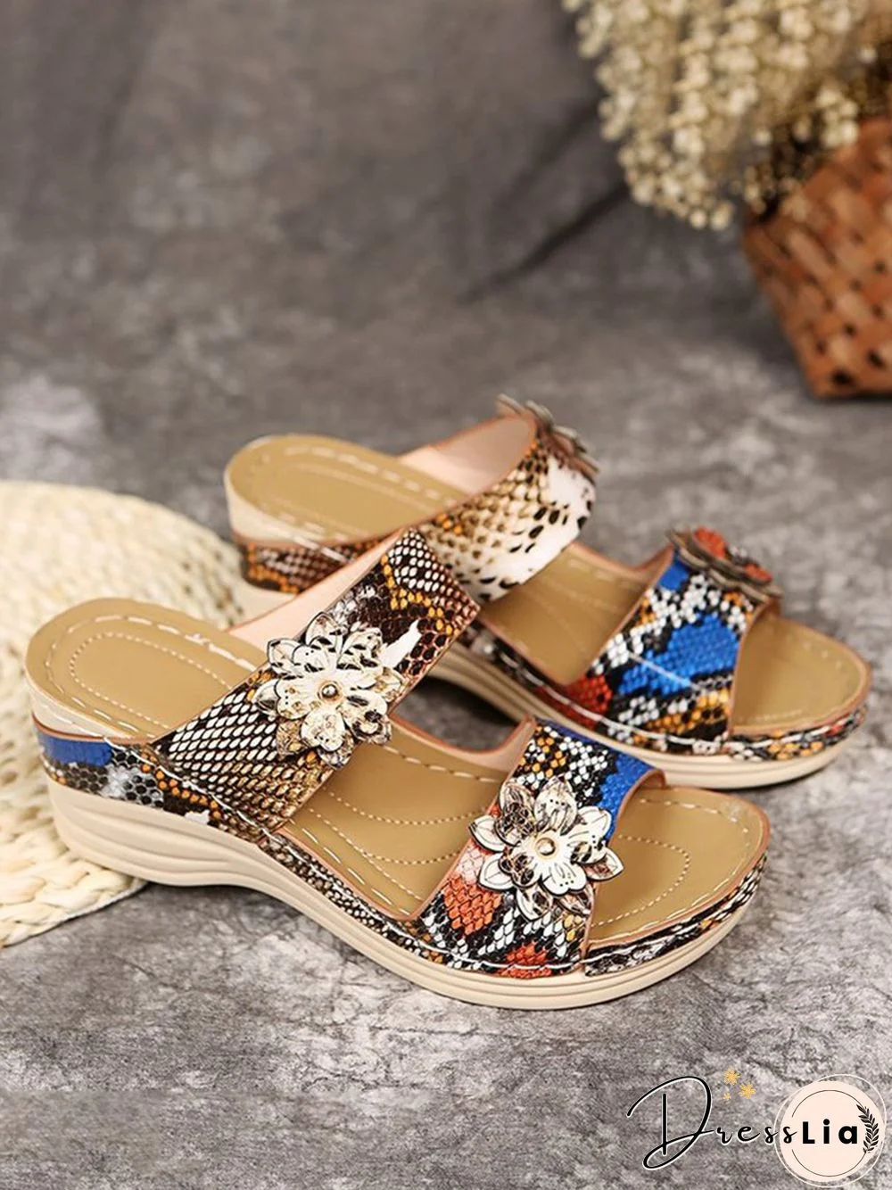 3D Floral Snake Print Wedge Sandals Slippers