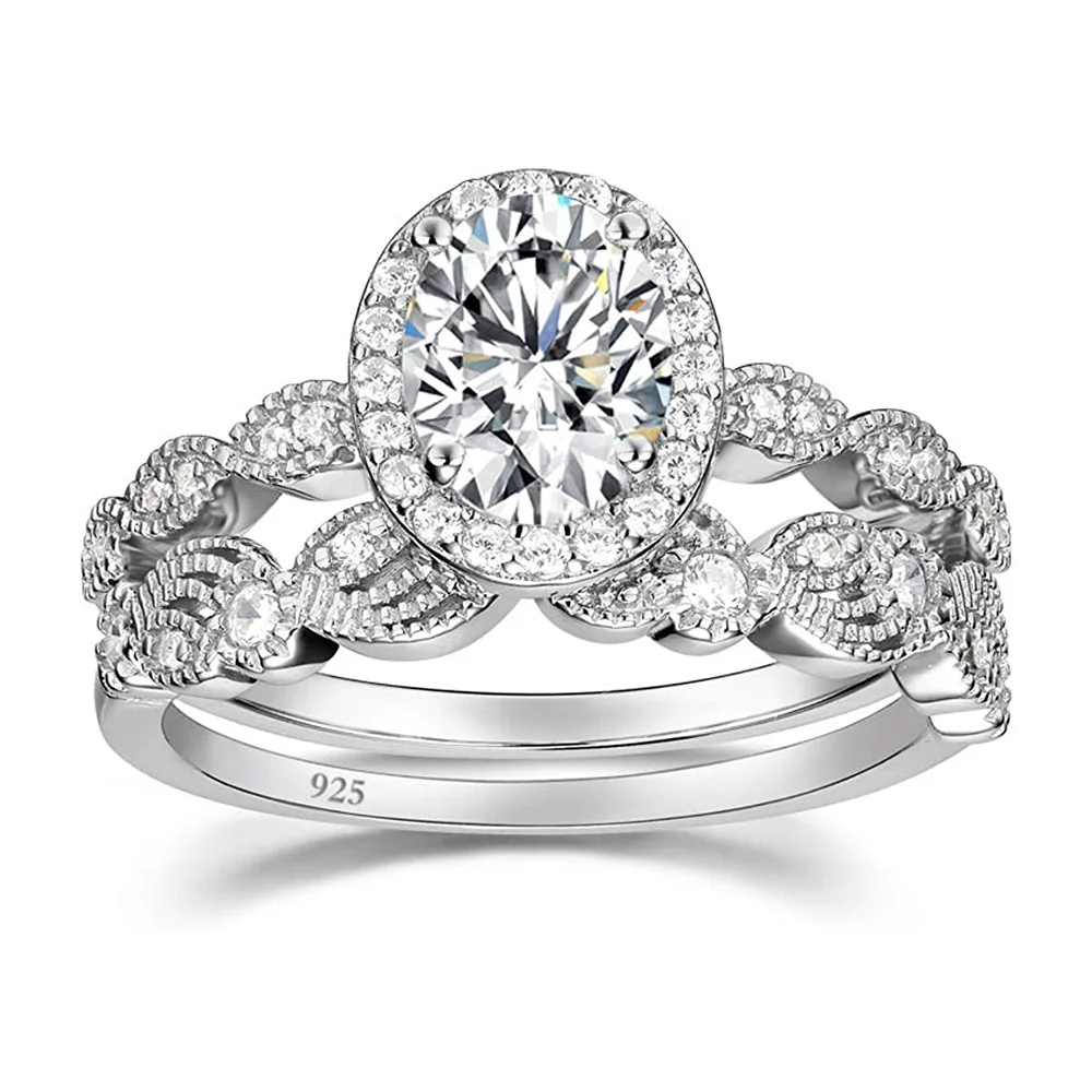  1.5CT 925 Sterling Silver Bridal Rings Sets Oval Moissanite CZ Engagements Rings Wedding Bands for Women