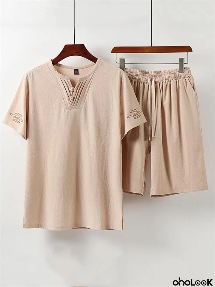 Casual Style Soft 2-Piece Outfit Pleated Detailing T-Shirt + Drawstring Waistband Shorts