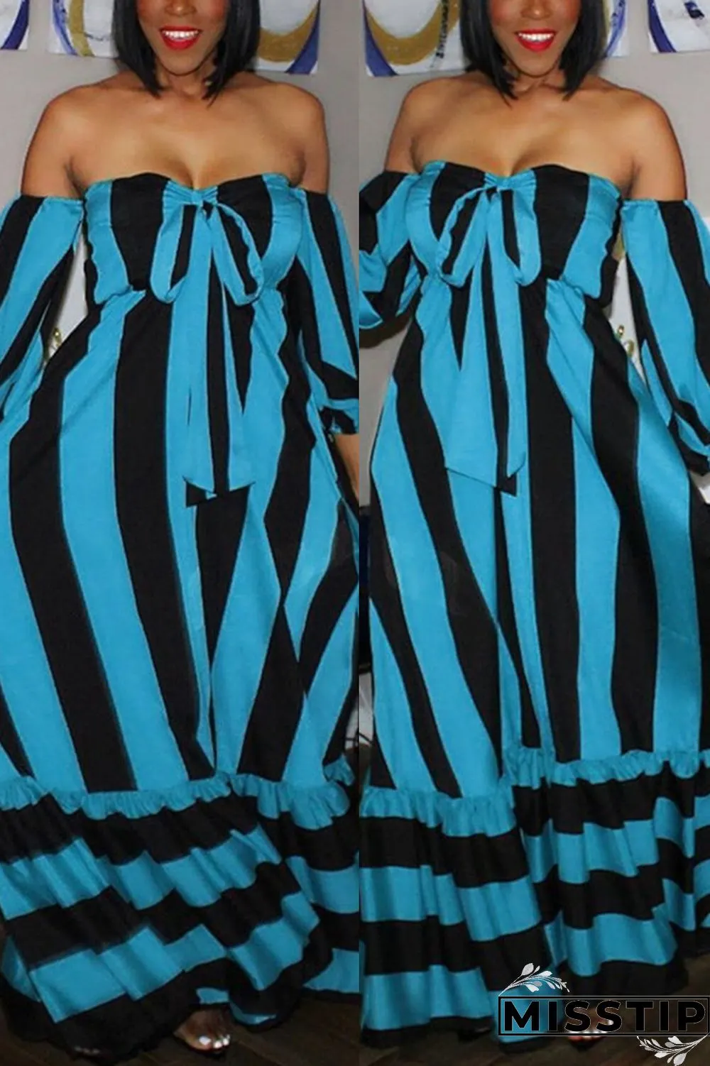 Jacinth Fashion Casual Off The Shoulder Strapless Strapless Dress Floor Length Striped Dresses