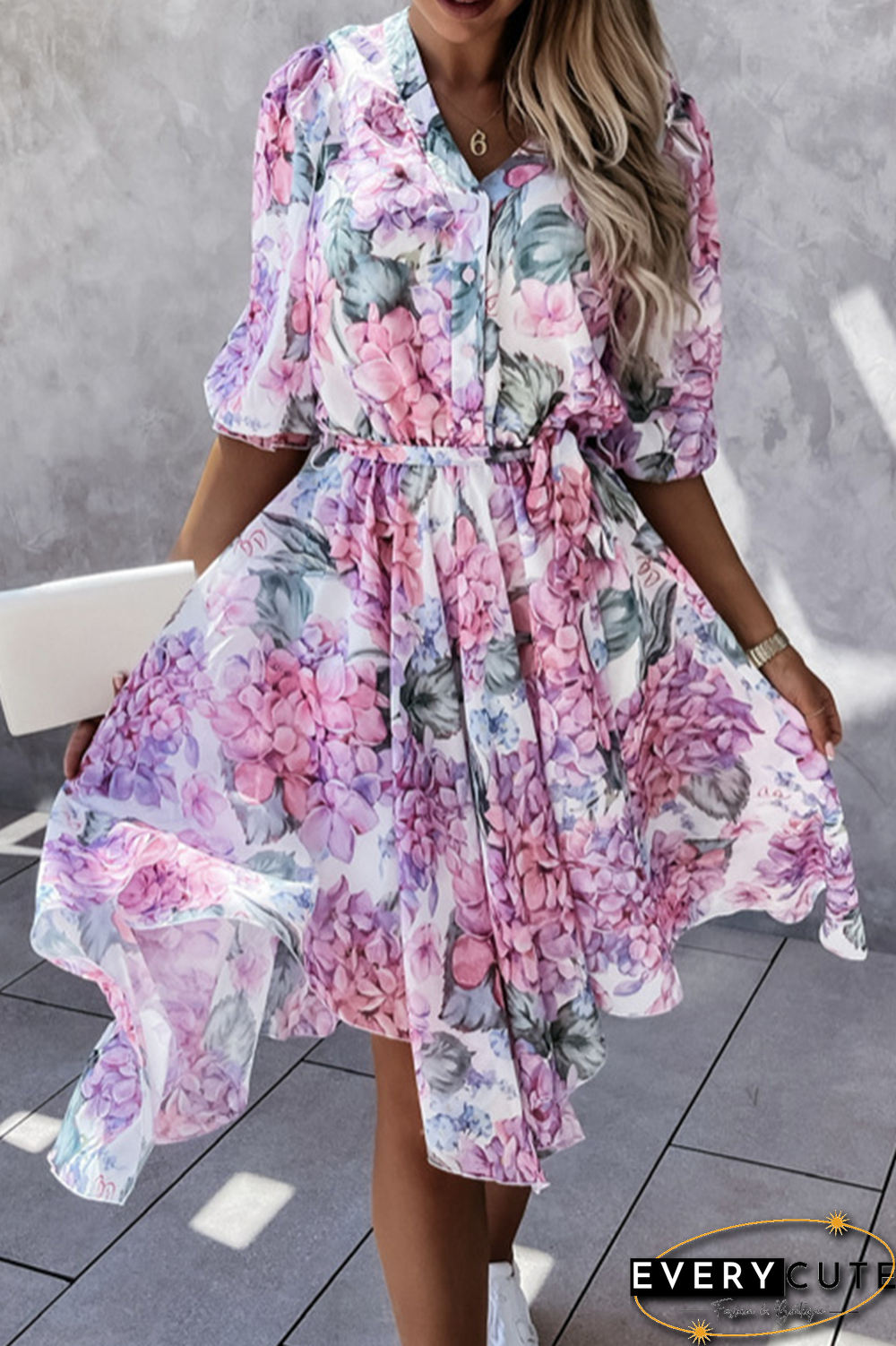 Fashion Elegant Floral Buckle With Belt V Neck Irregular Dress Dresses