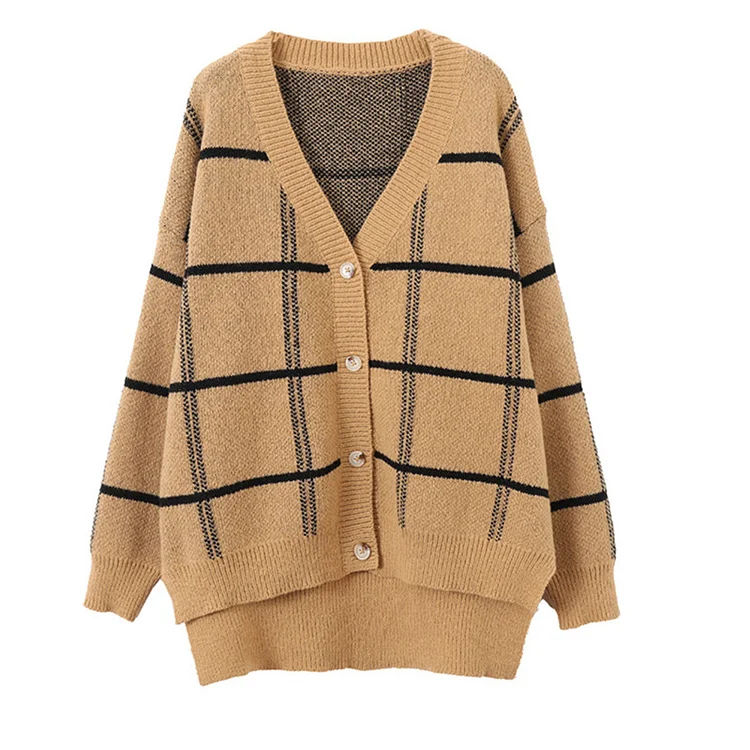 French Loose V-neck Plaid Long Sleeve Knitted Cardigan   