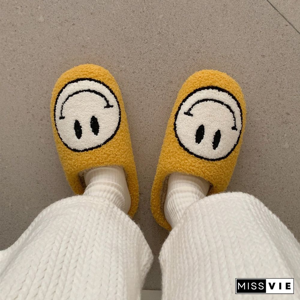 Winter House Girls Fur Slippers Cute Smiley Pattern Women Fluffy Warm Bedroom Ladies