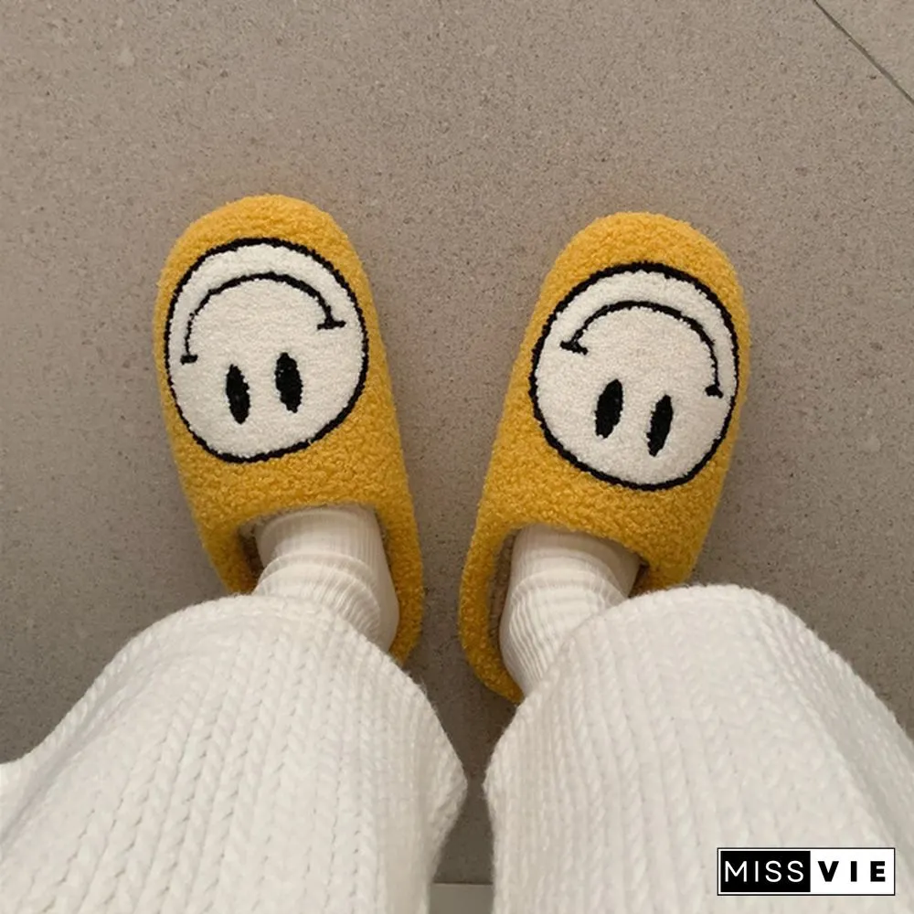 Winter House Girls Fur Slippers Cute Smiley Pattern Women Fluffy Warm Bedroom Ladies