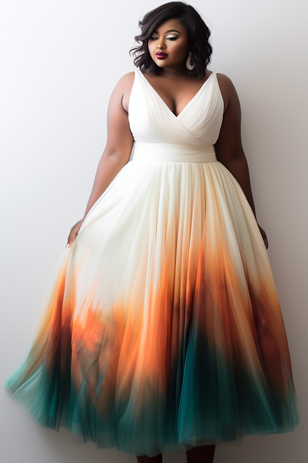 Design Plus Size Formal Elegant Black Gradient Fall Winter V Neck Tulle Maxi Dresses [Pre-Order]