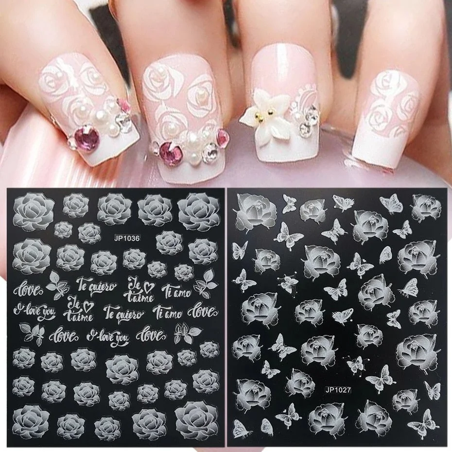 Nail Stickers Embossed 5D Gradually White Butterfly Moon Leaves Flower Designs Back Glue Nail Decals Tips For Beauty Salons-Nail Inspo