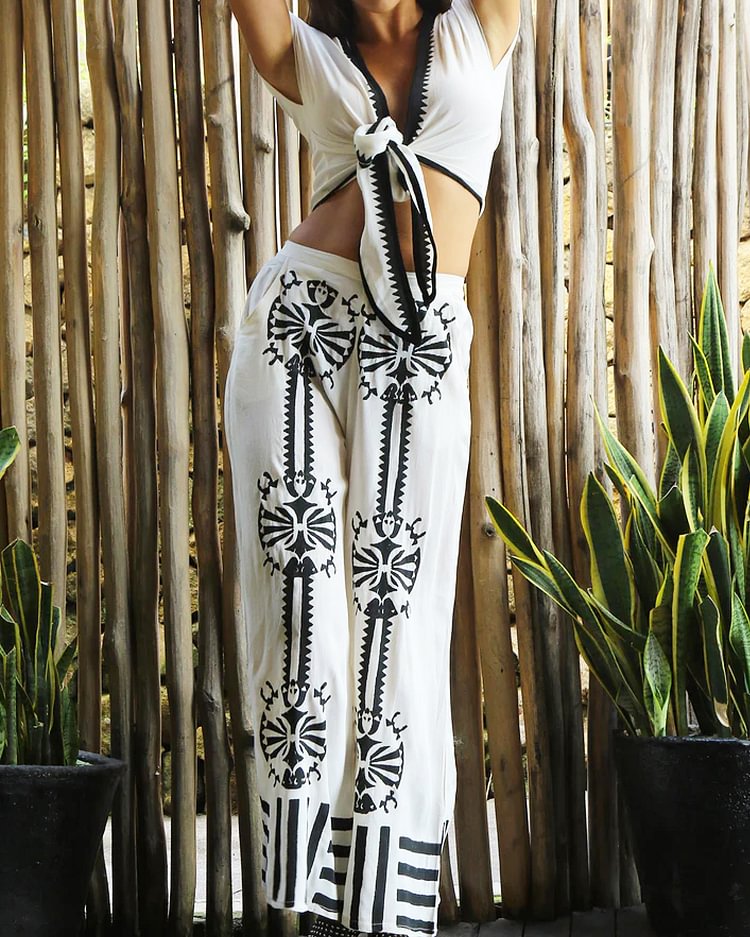 Tribal Strappy Vest Printed Wide-leg Pants Set