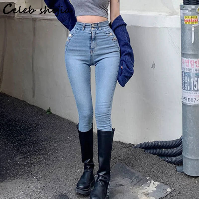 Woherb Chic Vintage Blue Jeans Women High Elastic Denim High Waist Button Skinny Jeans Mom Clothes Korean Fashion Pencil Pants