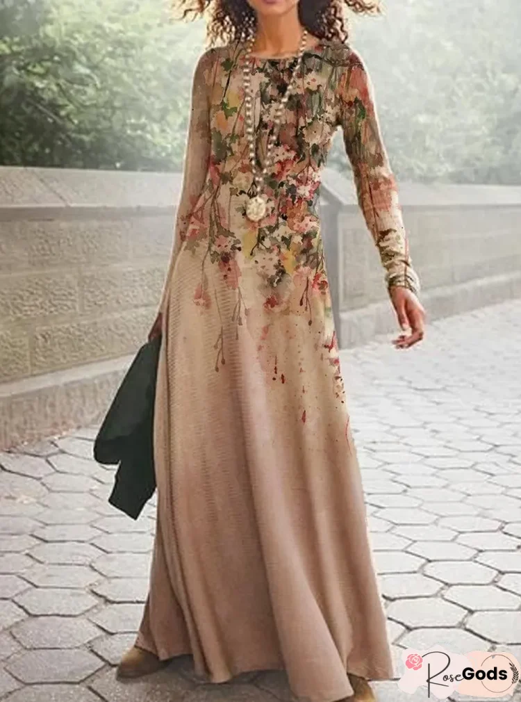 Vintage Floral Print Casual Long-Sleeved Maxi Dress