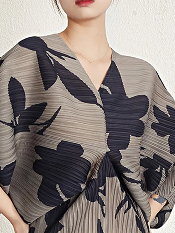Heart Print Batwing Sleeves Irregular clipping Lapel Midi Dresses