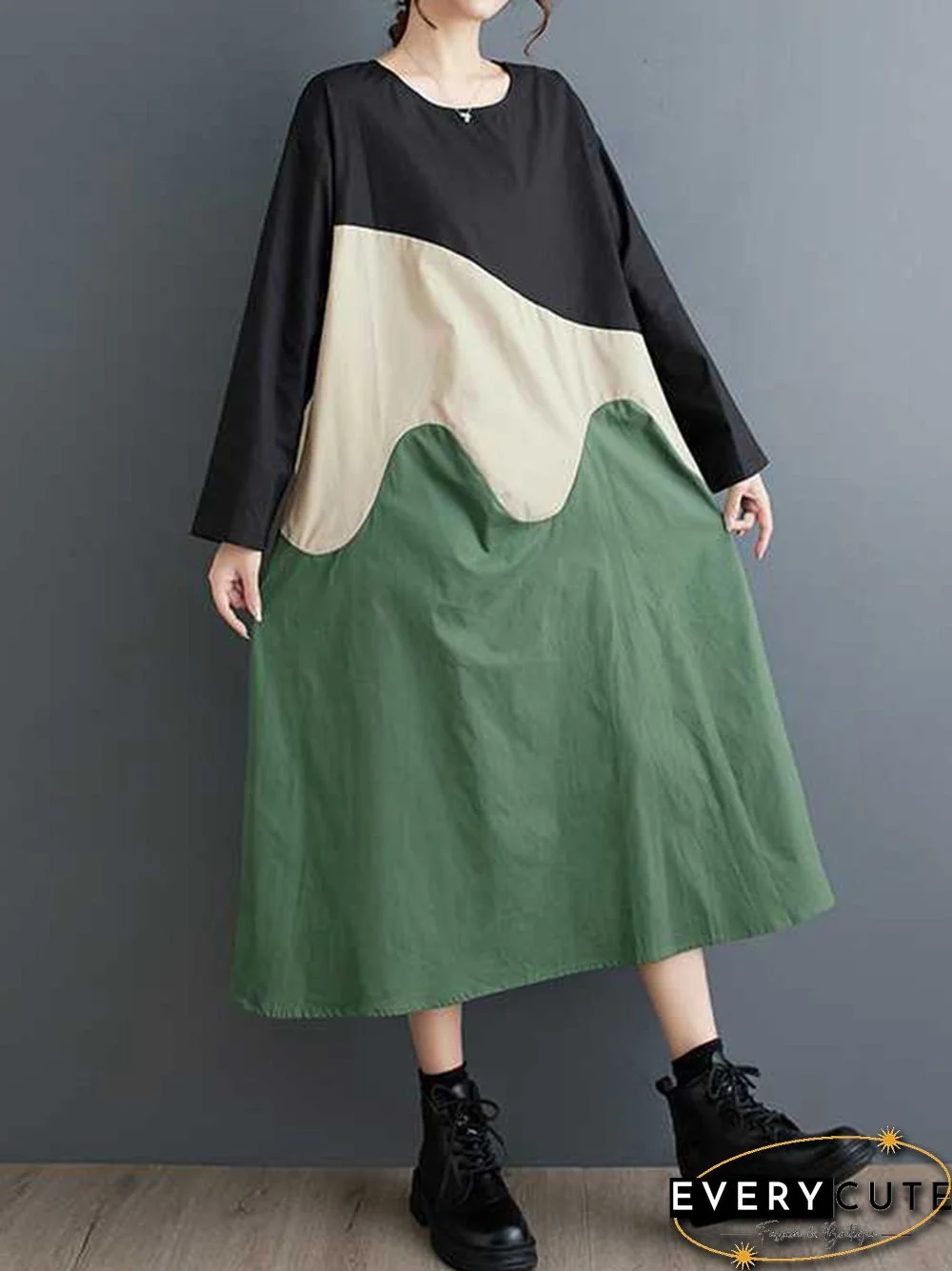 A-Line Long Sleeves Contrast Color Round-Neck Midi Dresses