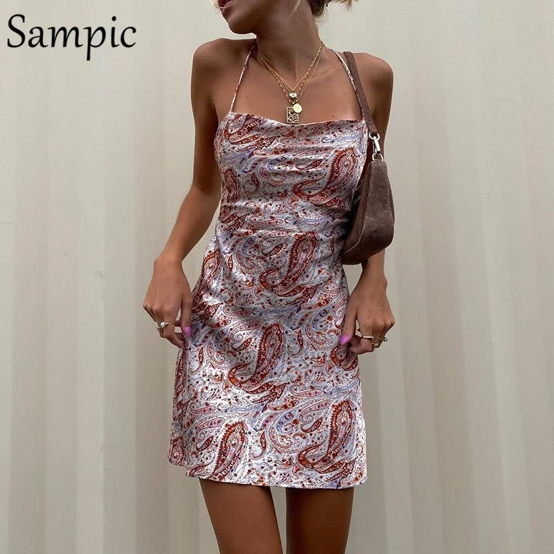 Sampic 2021 Fashion Summer Sexy Women Print Party Mini Stain Paisley Dress Ladies Casual Bodycon Backless Club Wrap Dress