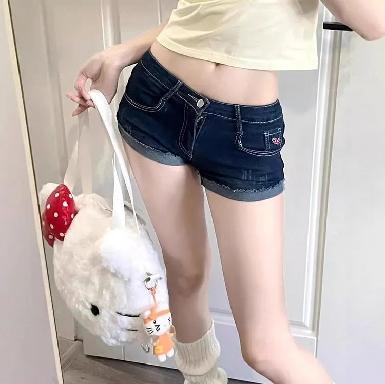 Low Rise Stretch Denim Pants with Cuffed Hem
