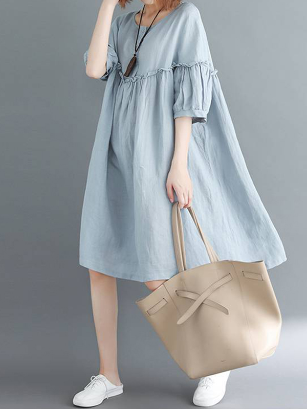 Loose Lantern Sleeve Solid Color Midi Dress