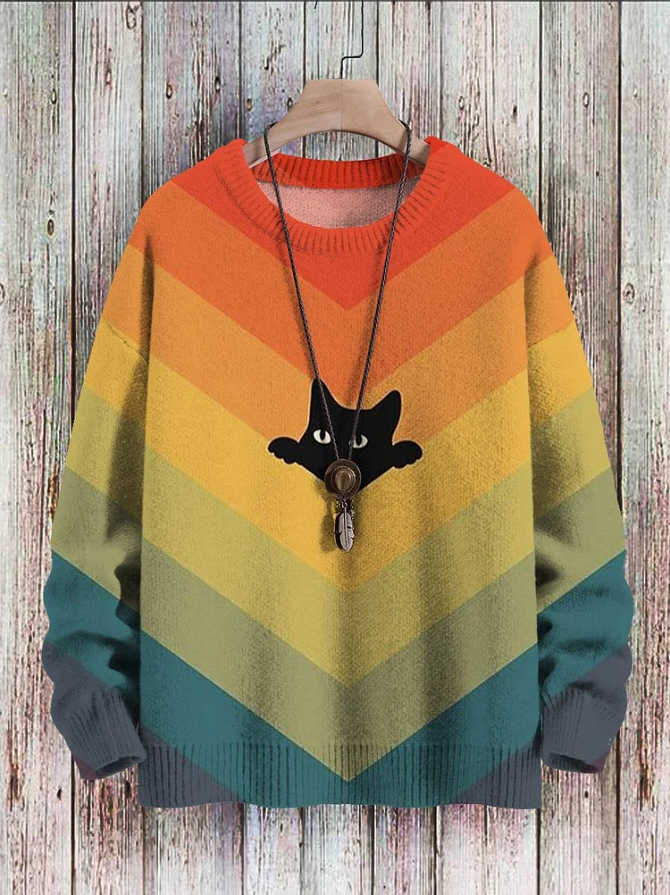 Women's Black Cat Rainbow Stripe Print Casual Sweatshirt