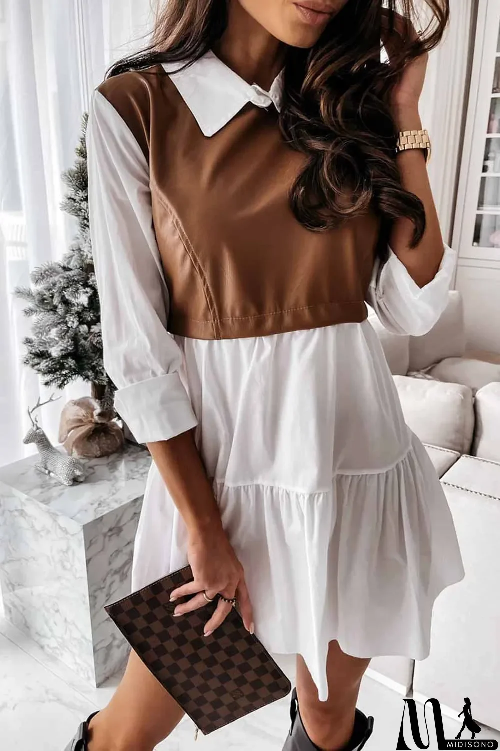 MidiSono - Shirt skirt and leather stitching Mini Dress