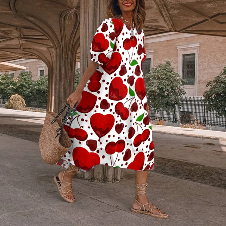 Fashion Heart Cherry Print Midi Dress