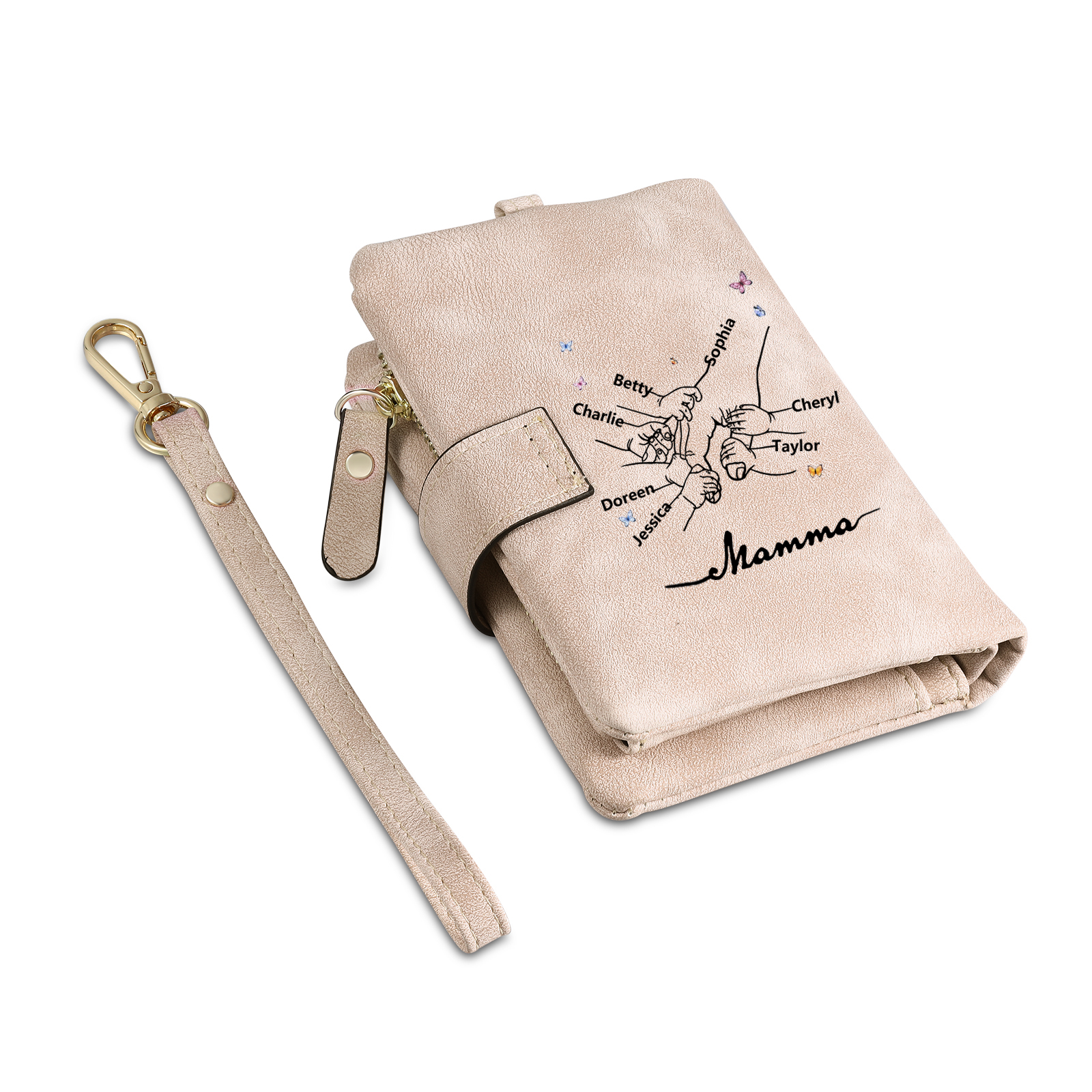 Portafoglio mano nella mano in PU pelle con 7 nomi & 1 testo & 1 lettera personalizzati per mamma