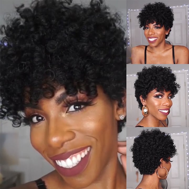 🔥Hot| Glueless Short Kinky Curly Human Hair Lace Front Natural Color Wigs With Bangs US Mall Lifes