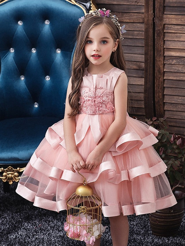 Oknass Ball Gown Sleeveless Jewel Neck Flower Girl Dresses Tulle With Bow Appliques Cascading Ruffles