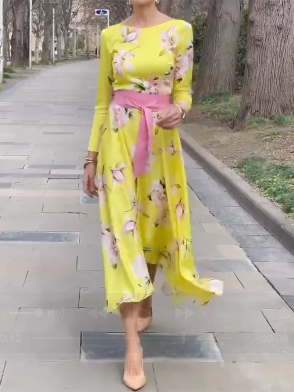 Belted Floral Printed Long Sleeves Round-Neck Maxi Dresses