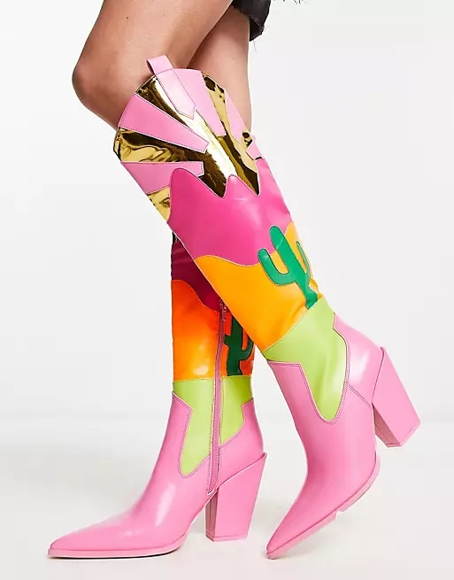 Cowboy Boots Patchwork Western Women Leather Knee High Shoes Pink Cowgirl Pointed Toe Boots Cosplay Shoes