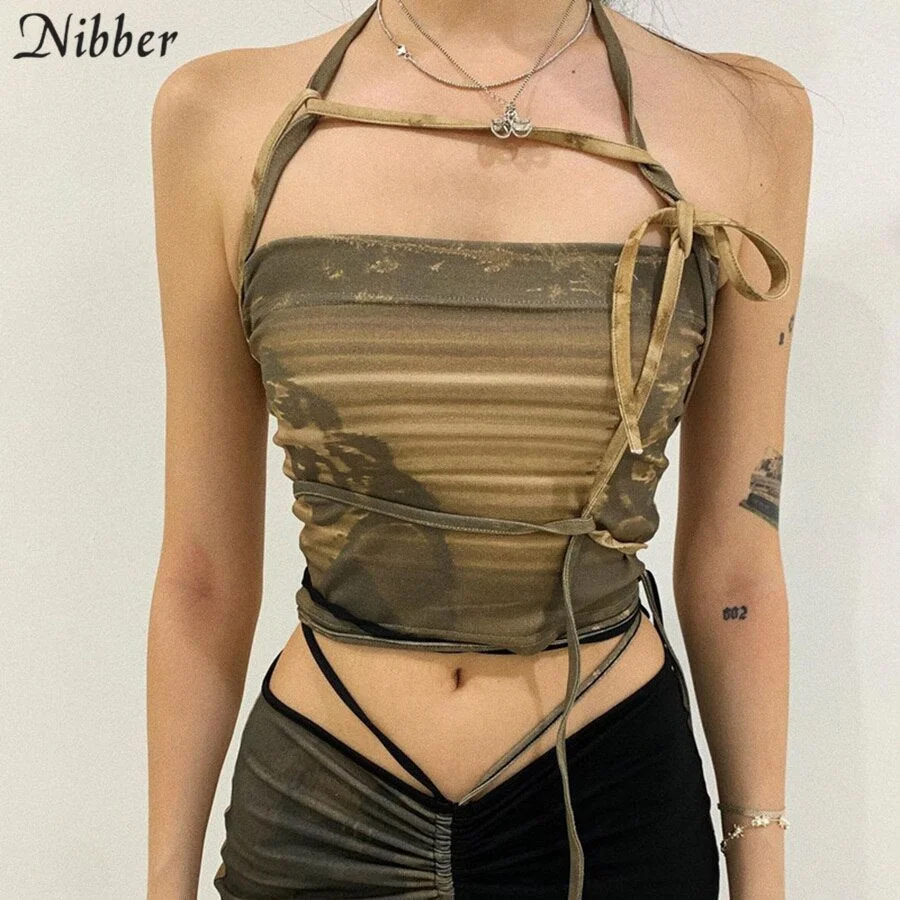 Nibber Casual Retro Printed Woman Y2k Camisole 2021 Indie Aesthetic Sleeveless Lace Up Streetwear Mesh Top Gothic Tank Tops