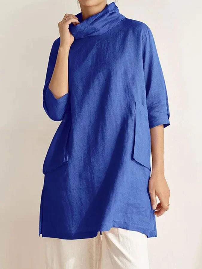 Women's cotton and linen pile collar casual long shirt