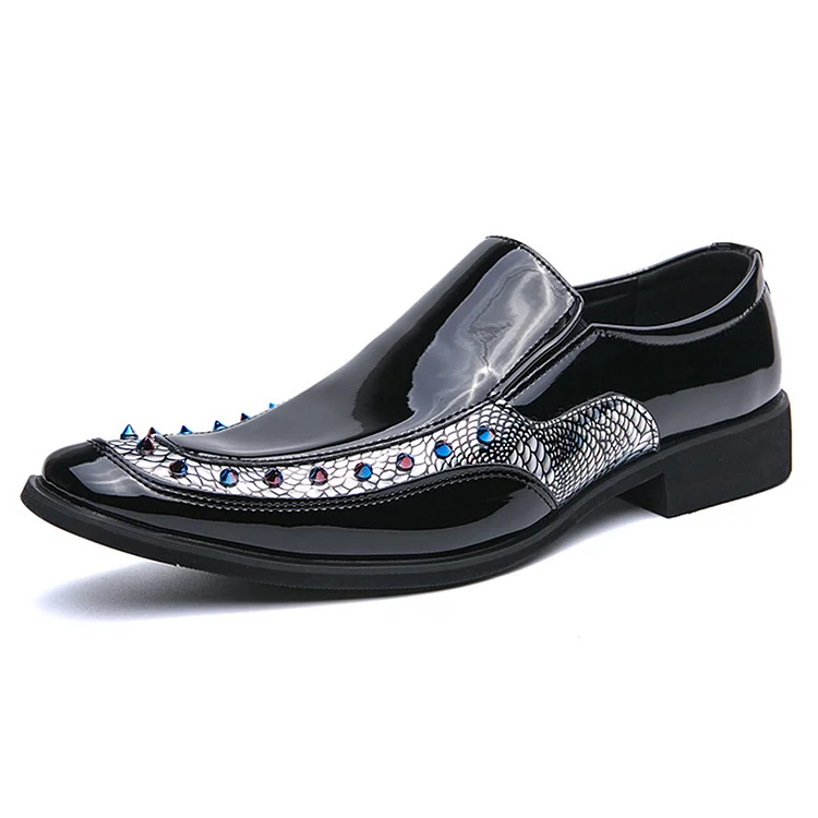 Glossy PU Leather Studded Pointy Toe Trendy Dress Shoes