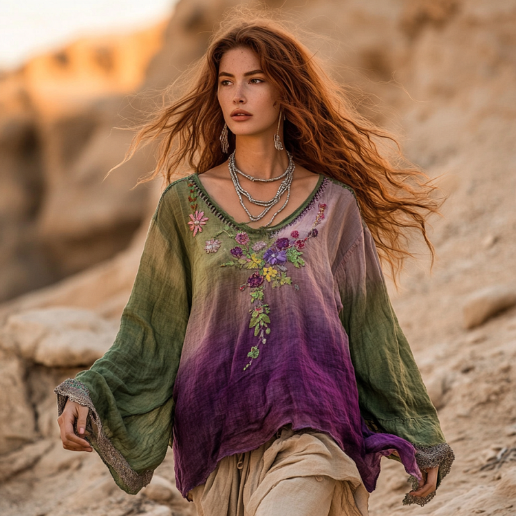 Boho Floral Embroidery Patchwork Art Print Cotton And Linen Blend Loose Blouse
