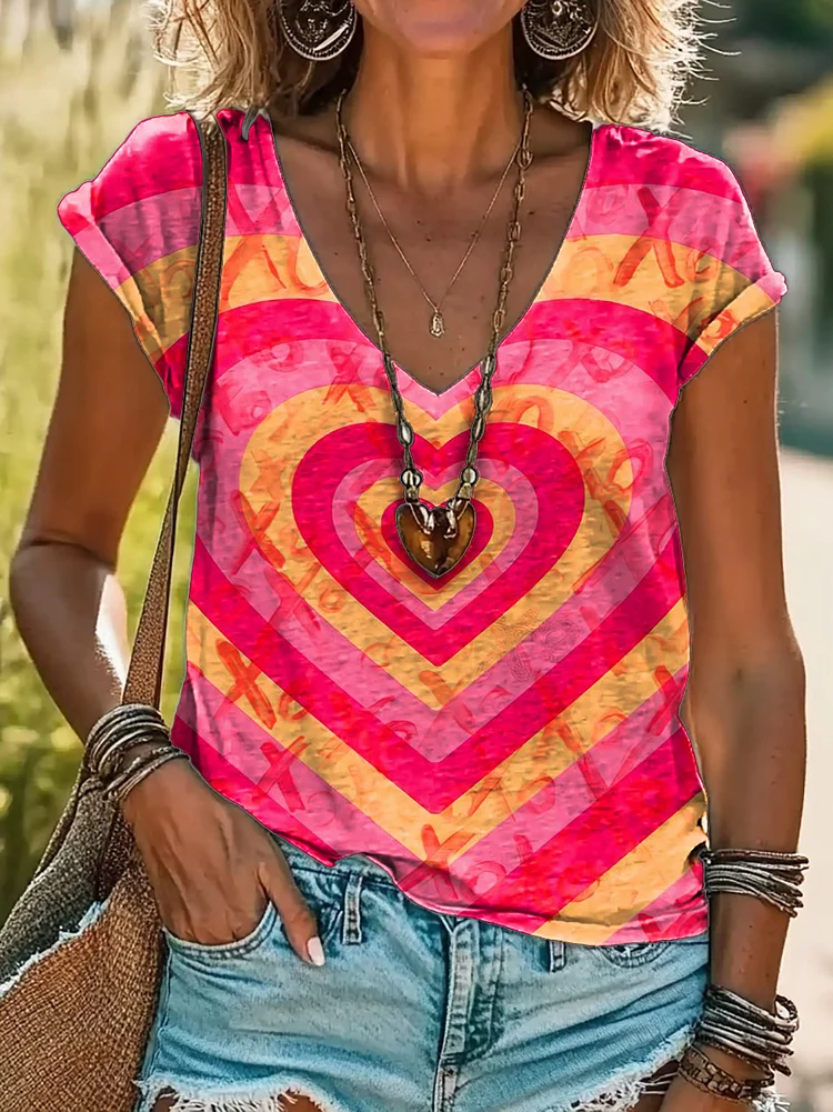 Women's Valentine's Day Love Heart Print 100%Cotton V-neck T-Shirt