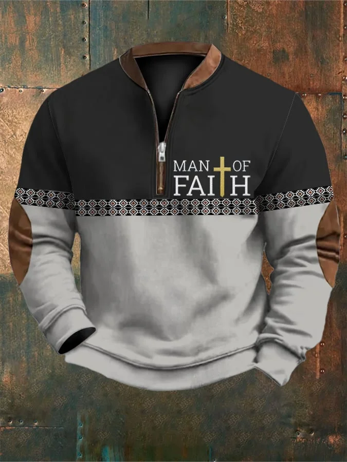 Men's Retro Western Style Faith Cross Print Zipper Neck Sweatshirt