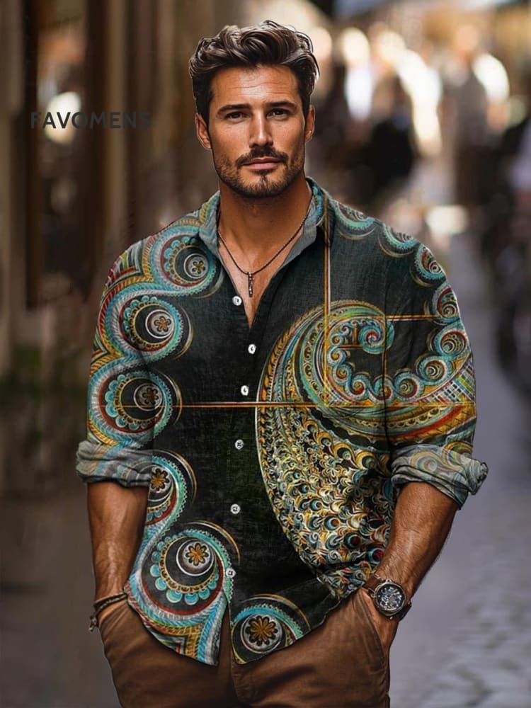 Vintage Paisley Geometric Irregularity Art Print 100% Cotton Long Sleeve Shirt Multicolor / S