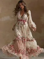 Women's Vintage Pink Rose Embroidered Linen Blend Dress