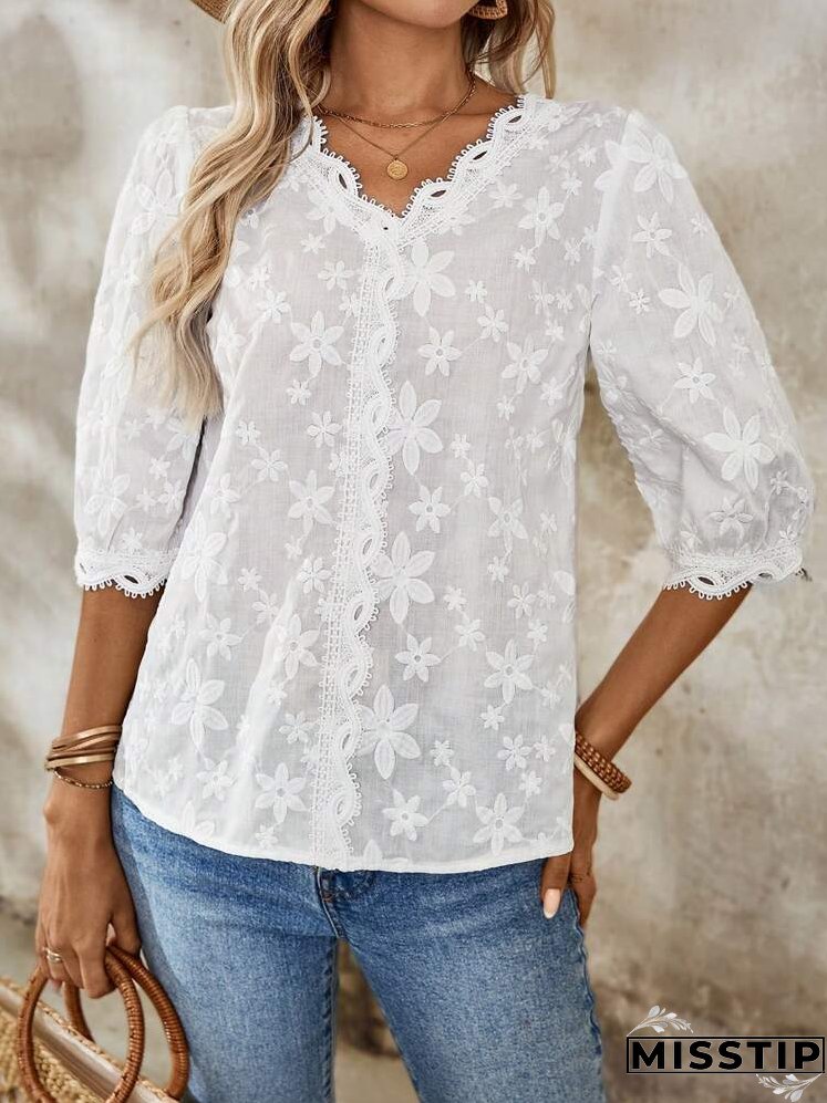 Women's Summer Loose Fit Floral And Striped Vacation Shirt With V-Neckline And Curved Hem