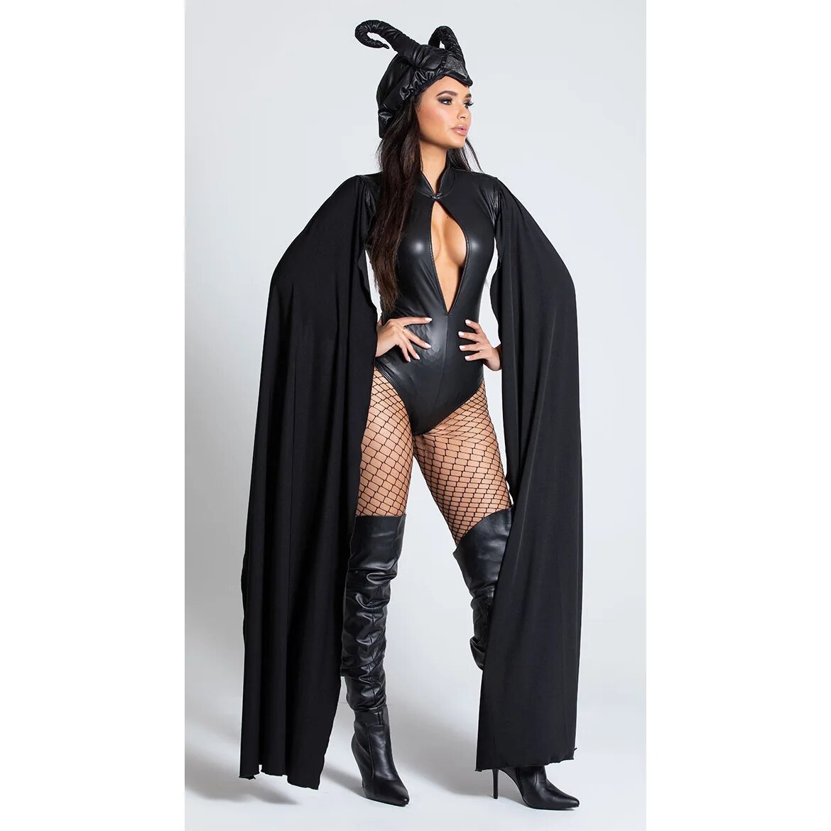 [Wetrose] In Stock Horn Queen Devil Cosplay Costume Halloween Woman Latex PU Leather Dress Bodysuit Cape Cloak Full Set