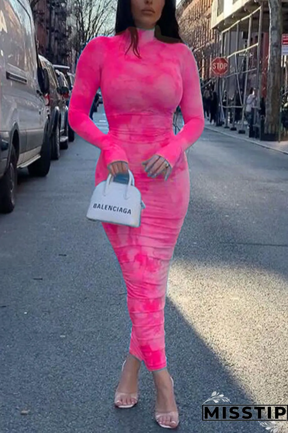 Pink Fashion Sexy Print Turtleneck Dress