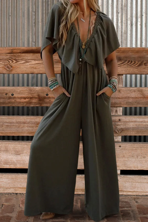 V-Neck Ruffled Loose Jumpsuit