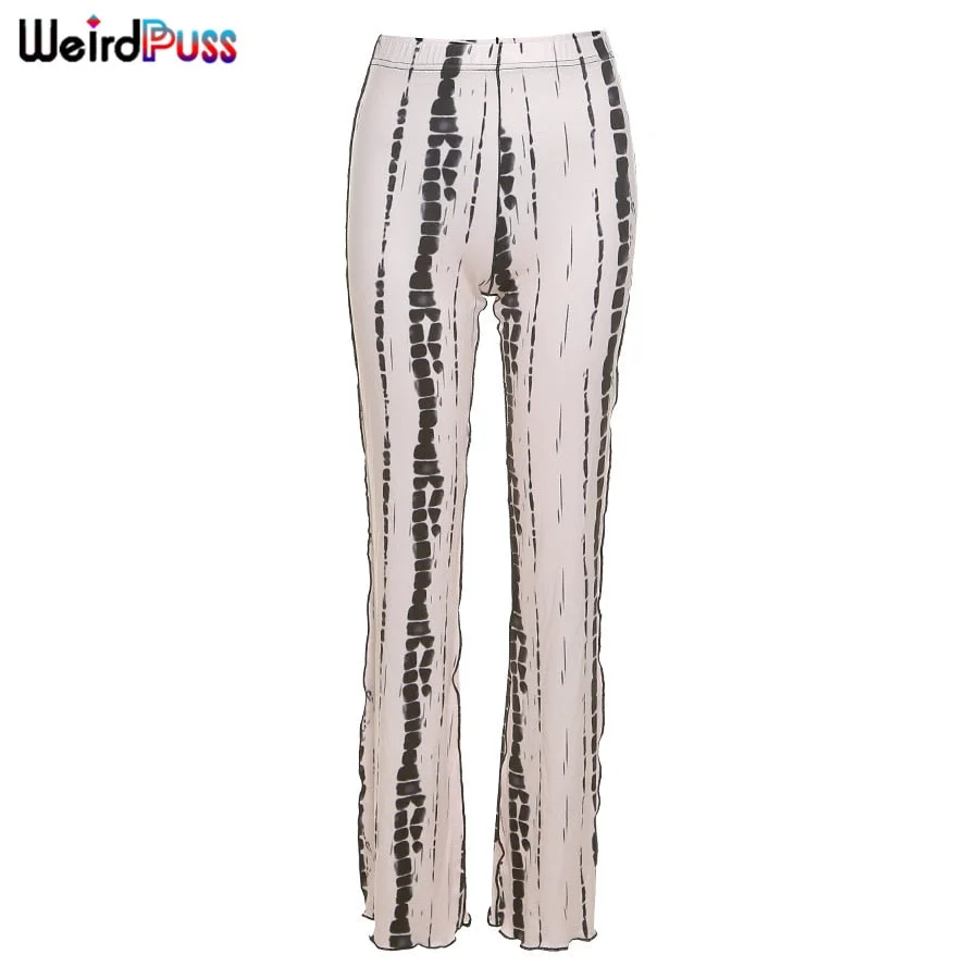 Weird Puss Tie Dye Print Casual Straight Pants Women stripe Stretch High Waist Long Trousers Wild Fashion Streetwear Y2K Bottoms