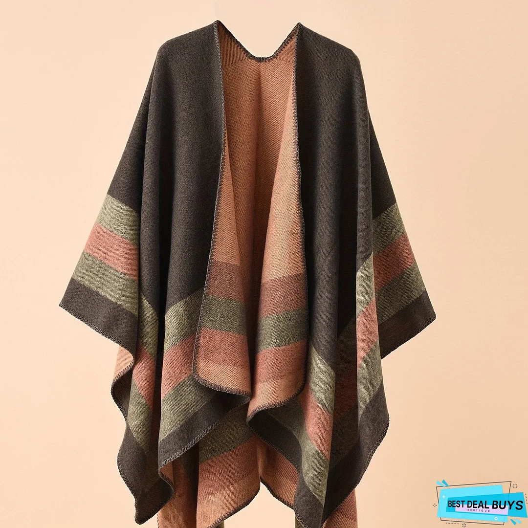 Striped Pattern Shawl Tunics, Vintage Open Front Tunic Tops, Women's Clothing