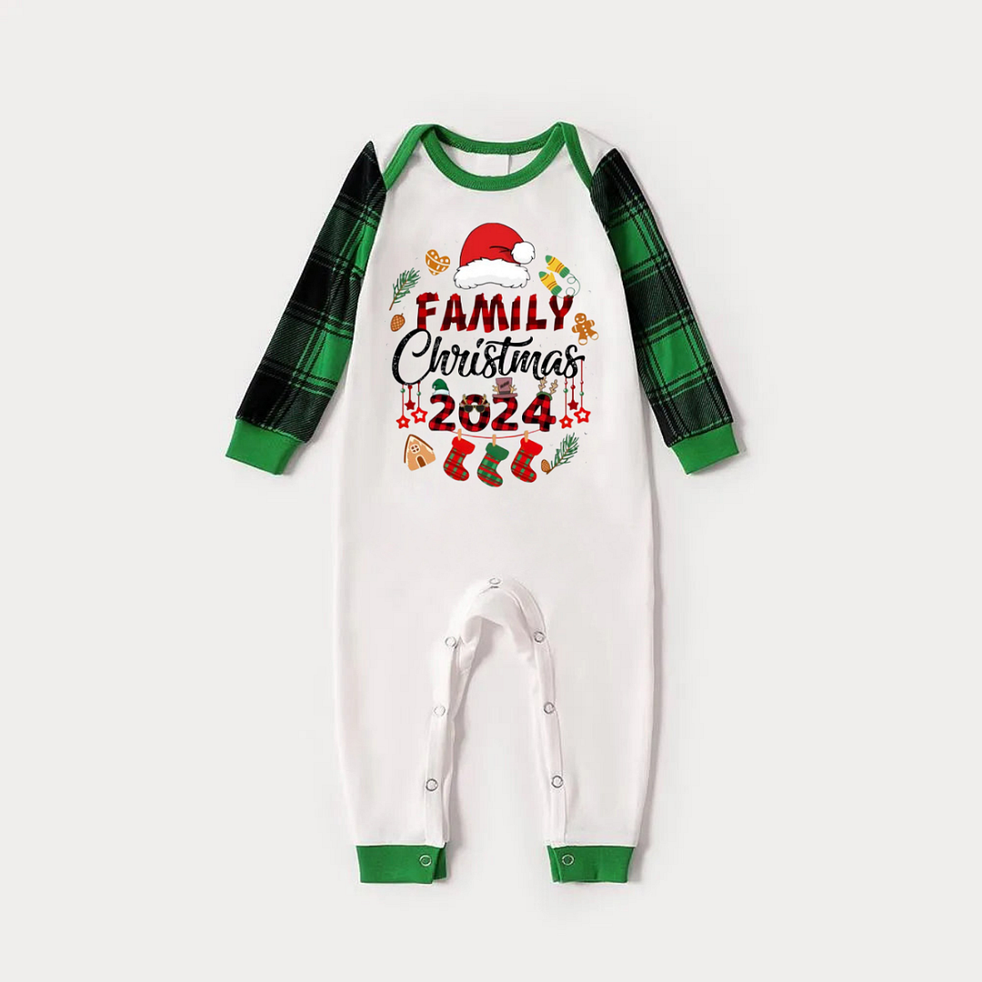 Family Christmas 2024 and Christmas Pattern Print Long Sleeve Top With Green & Black Plaid Matching Pajamas