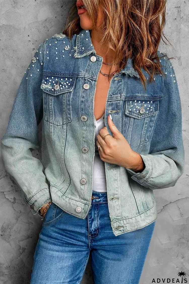 Pearl Detail Distressed Button Up Denim Jacket