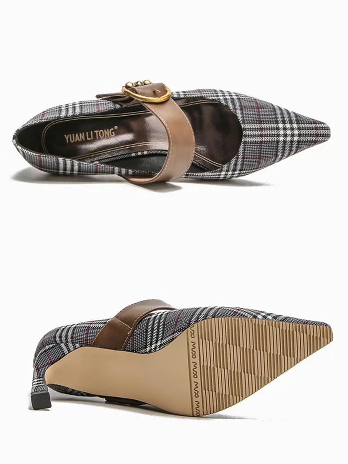 Shallow pointed toe stiletto heels with metal buckle plaid high heels