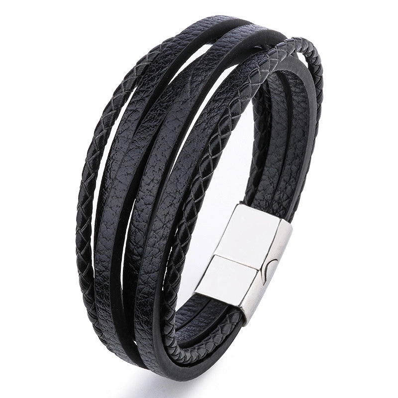 Retro Minimalist Solid Color Pu Leather Alloy Magnetic Buckle Layered Plating Men’s Bracelets Men Cord & Leather Bracelets