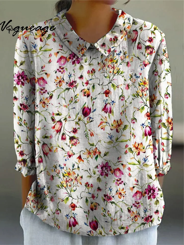 Gentle And Elegant Small Flowers Printed Cotton And Linen Shirt