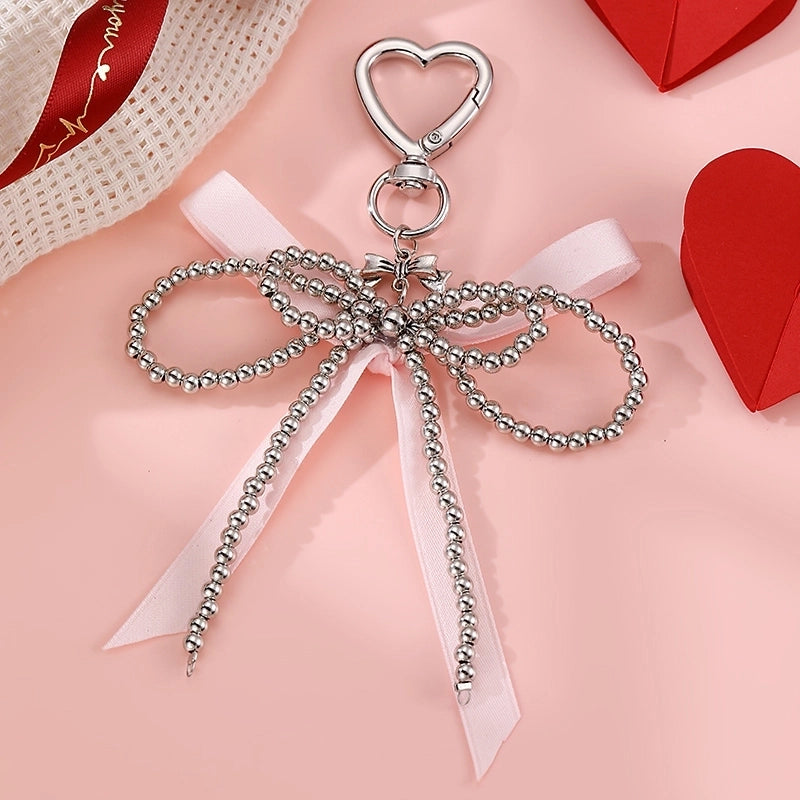Sweet Cherry Heart Shape Bow Knot Artificial Pearl Alloy Polyester Bag Pendant Keychain