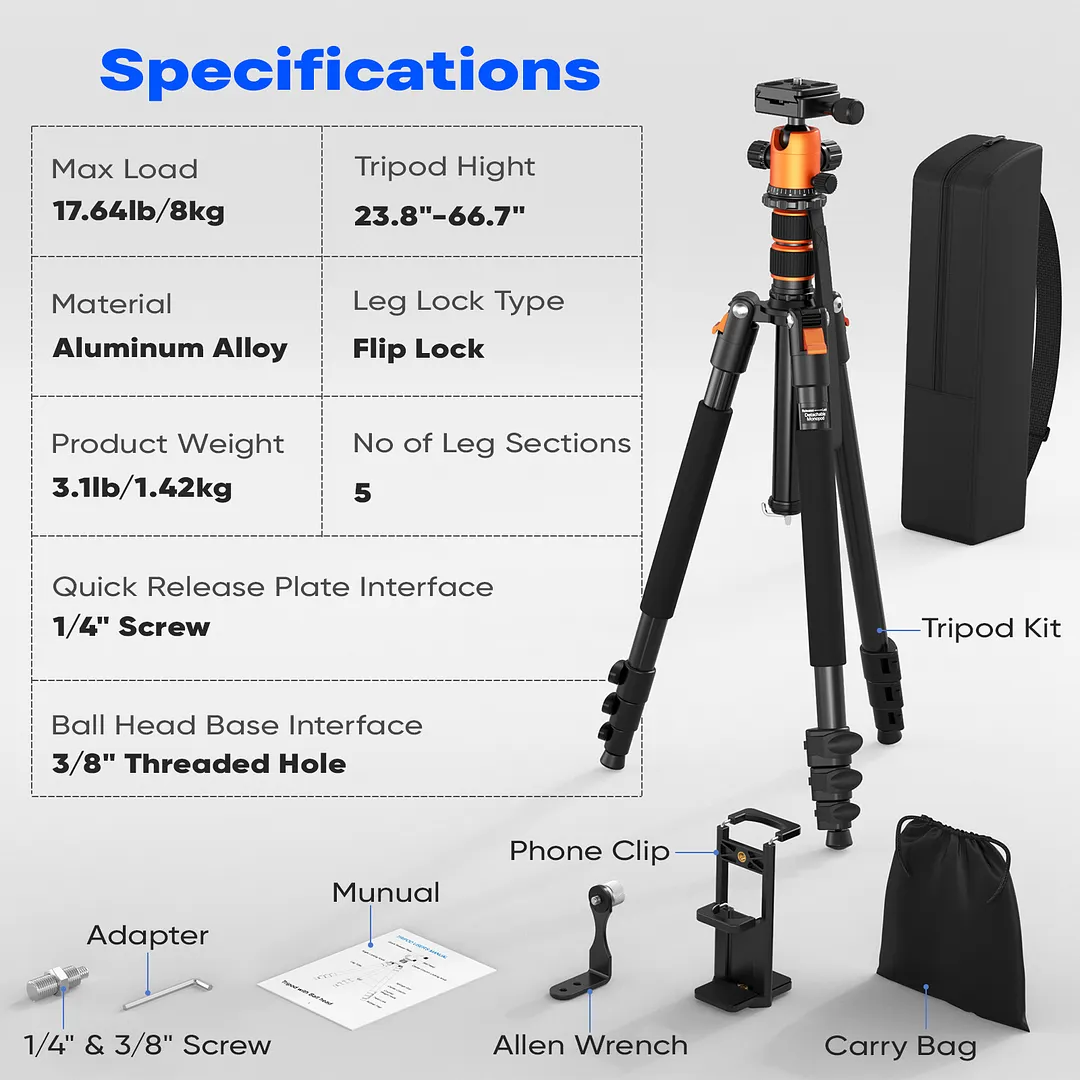 BEBANG 67" Camera Tripod for DSLR Cameras, Aluminum Travel Tripod with Monopod, 360&deg; Ball Head, 17.6lb Load Capacity, Lightweight DSLR Tripod
