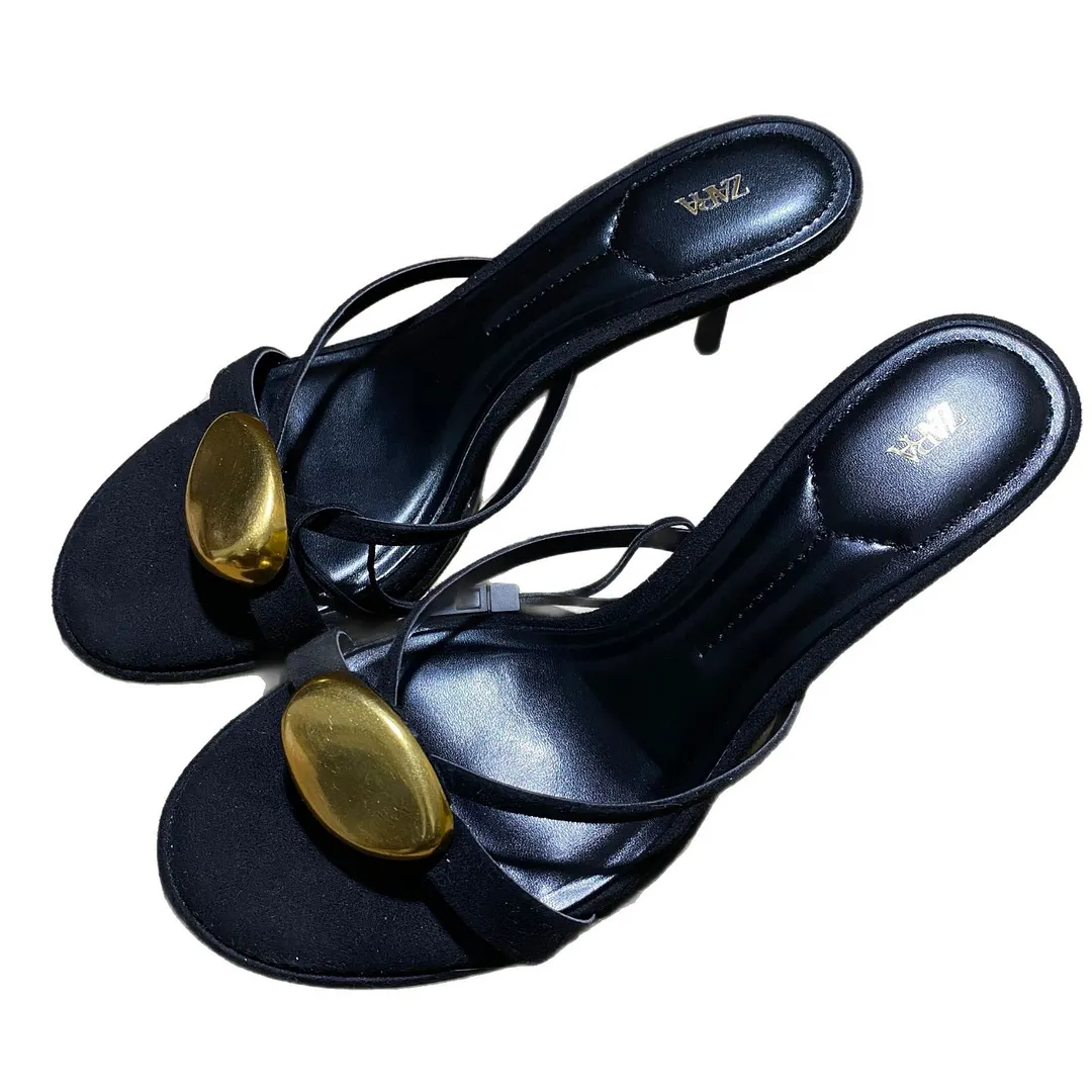 Breakj Breakj Spring New Women's Shoes Black Metal Details Decorating Round Head Fine High Heel Elegant Fashion Sandals