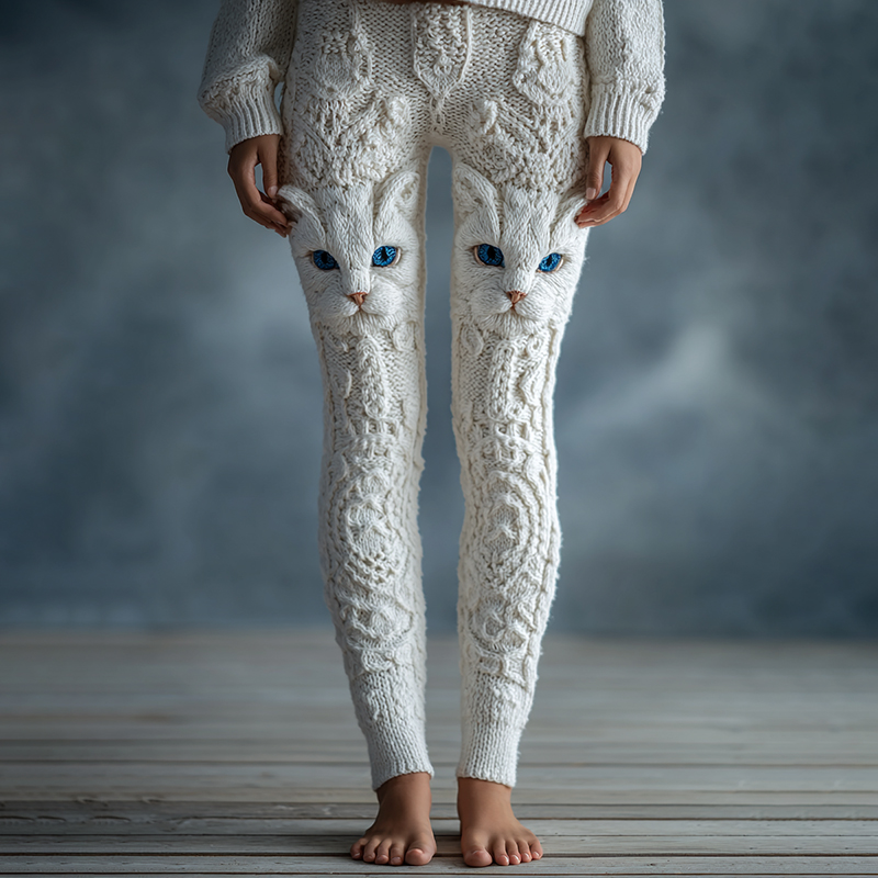 Women's Cute Cat Face Embroidered Gradient Cozy Leggings